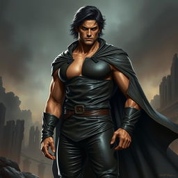 A muscular man with dark medium-length hair, dressed in form-fitting leather clothes that accentuate his physique