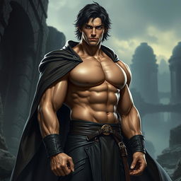 A muscular man with dark medium-length hair, dressed in form-fitting leather clothes that accentuate his physique