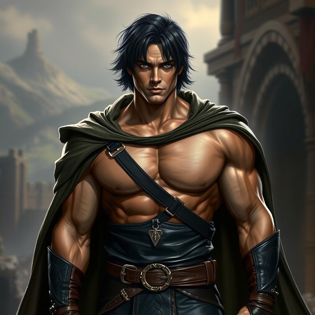 A muscular man with dark medium-length hair, dressed in form-fitting leather clothes that accentuate his physique