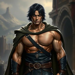 A muscular man with dark medium-length hair, dressed in form-fitting leather clothes that accentuate his physique