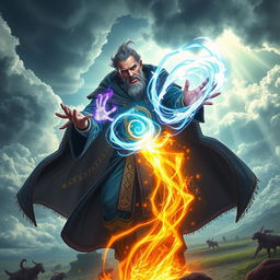 A powerful psionic character resembling a magus, dressed in elaborate robes with arcane symbols and mystical motifs, harnessing psychic energy