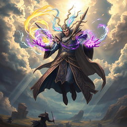 A powerful psionic character resembling a magus, dressed in elaborate robes with arcane symbols and mystical motifs, harnessing psychic energy