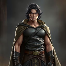 A slightly muscular man with dark medium-length hair, wearing form-fitting leather clothing and a flowing cloak