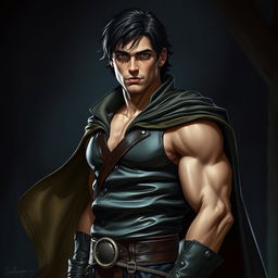 A slightly muscular man with dark medium-length hair, wearing form-fitting leather clothing and a flowing cloak