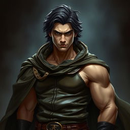 A slightly muscular man with dark medium-length hair, wearing form-fitting leather clothing and a flowing cloak