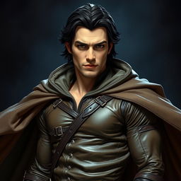 A slightly muscular man with dark medium-length hair, wearing form-fitting leather clothing and a flowing cloak
