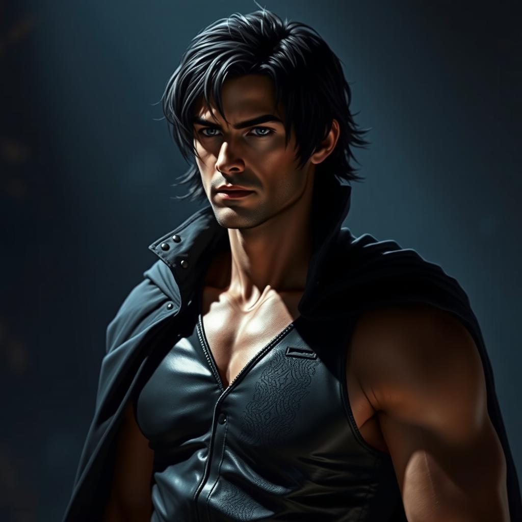 A slightly muscular man with dark medium length hair, exuding a mysterious aura