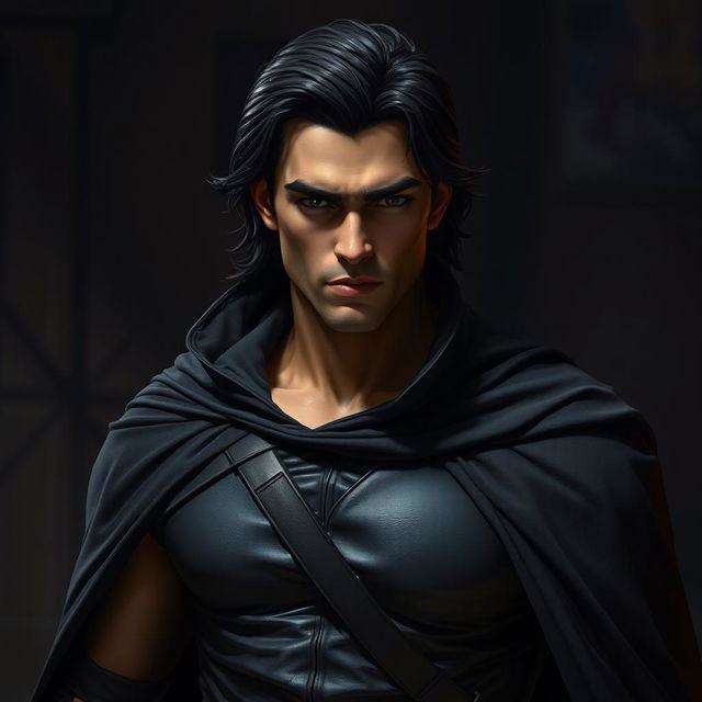 A slightly muscular man with dark medium length hair, exuding a mysterious aura