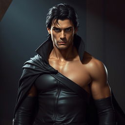 A slightly muscular man with dark medium length hair, exuding a mysterious aura