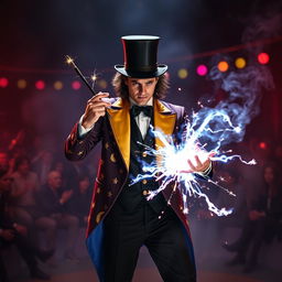A dramatic scene of a psionic character with a stage magician appearance, wearing a flamboyant suit adorned with stars and moons