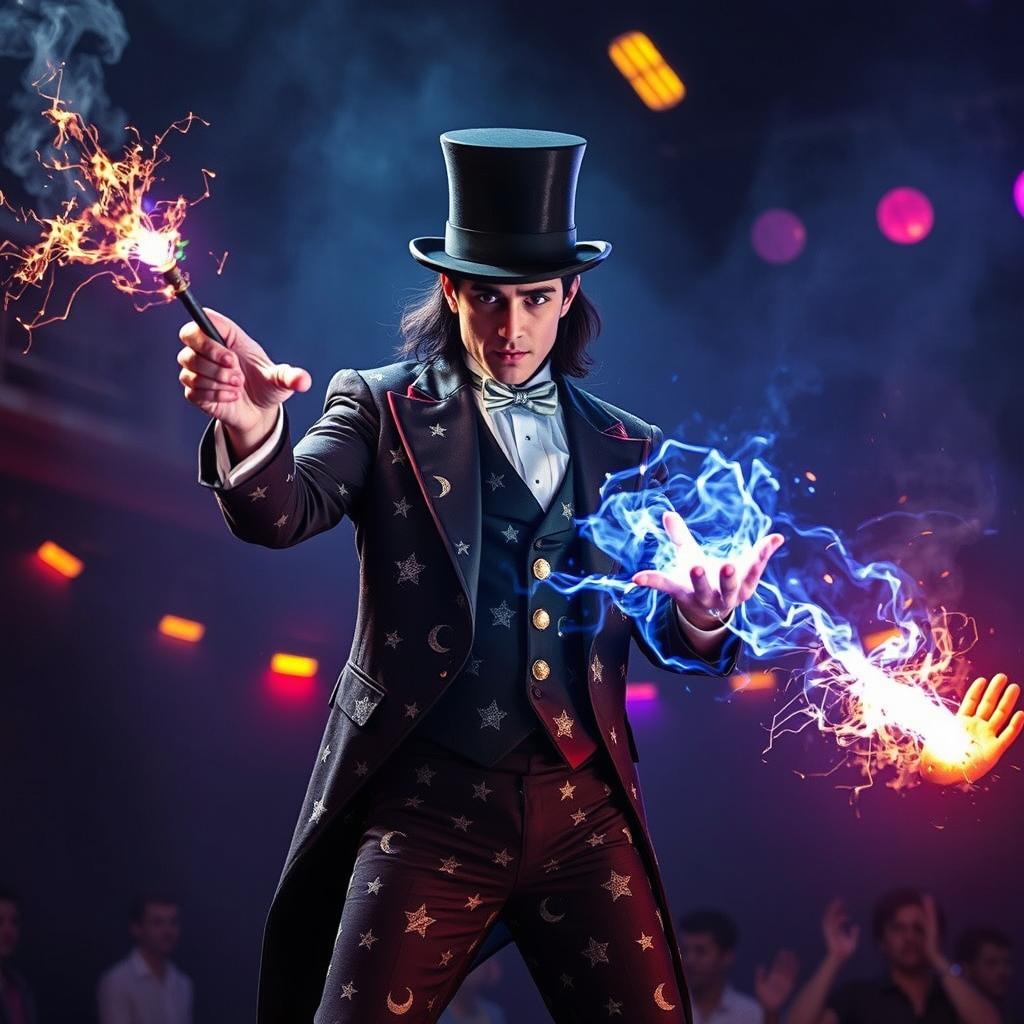 A dramatic scene of a psionic character with a stage magician appearance, wearing a flamboyant suit adorned with stars and moons