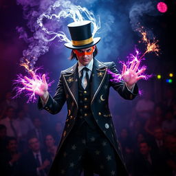 A dramatic scene of a psionic character with a stage magician appearance, wearing a flamboyant suit adorned with stars and moons
