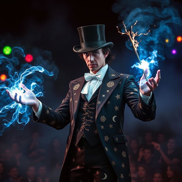 A dramatic scene of a psionic character with a stage magician appearance, wearing a flamboyant suit adorned with stars and moons