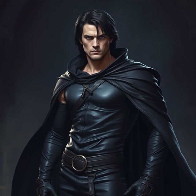 A slightly muscular man with medium length dark hair, dressed in dark, form-fitting leather clothes and a flowing cloak