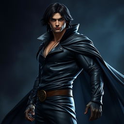 A slightly muscular man with medium length dark hair, dressed in dark, form-fitting leather clothes and a flowing cloak