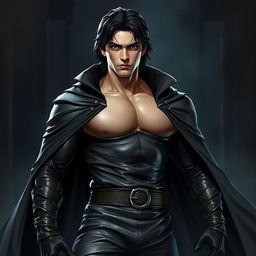 A slightly muscular man with medium length dark hair, dressed in dark, form-fitting leather clothes and a flowing cloak