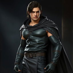 A slightly muscular man with medium length dark hair, dressed in dark, form-fitting leather clothes and a flowing cloak