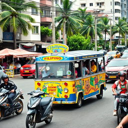 A vibrant street scene featuring a colorful Filipino jeepney navigating through busy traffic