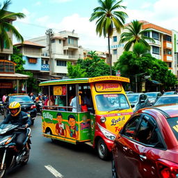 A vibrant street scene featuring a colorful Filipino jeepney navigating through busy traffic