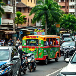 A vibrant street scene featuring a colorful Filipino jeepney navigating through busy traffic