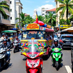 A vibrant street scene featuring a colorful Filipino jeepney navigating through busy traffic