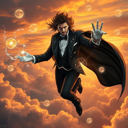 A regal psionic with an elegant stage magician appearance, wearing a tuxedo adorned with stars and moon motifs, gracefully soaring through the sky while casting powerful psychic spells