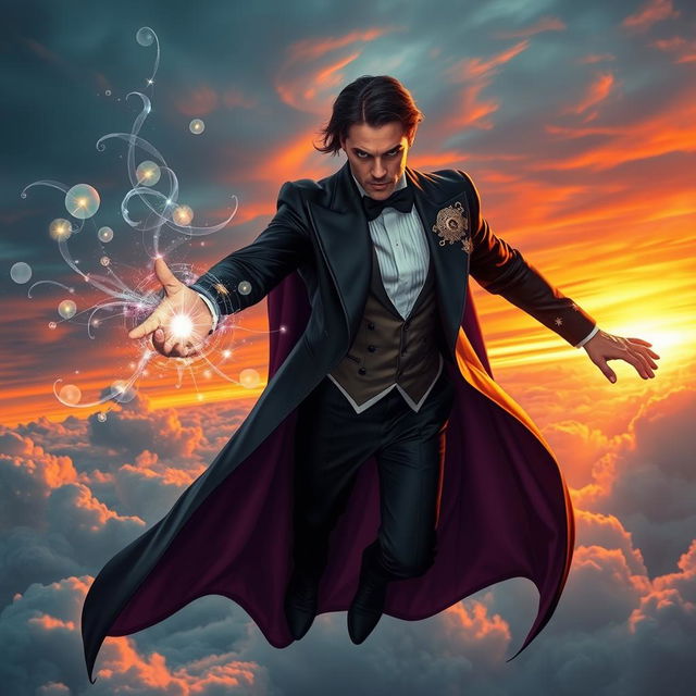 A regal psionic with an elegant stage magician appearance, wearing a tuxedo adorned with stars and moon motifs, gracefully soaring through the sky while casting powerful psychic spells