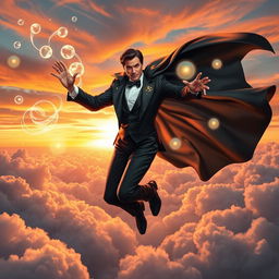 A regal psionic with an elegant stage magician appearance, wearing a tuxedo adorned with stars and moon motifs, gracefully soaring through the sky while casting powerful psychic spells