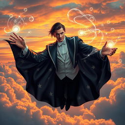 A regal psionic with an elegant stage magician appearance, wearing a tuxedo adorned with stars and moon motifs, gracefully soaring through the sky while casting powerful psychic spells