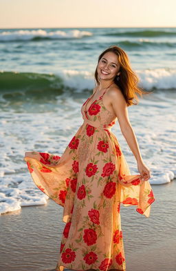 A young woman standing at the edge of the beach, her long flowing dress billowing in the wind