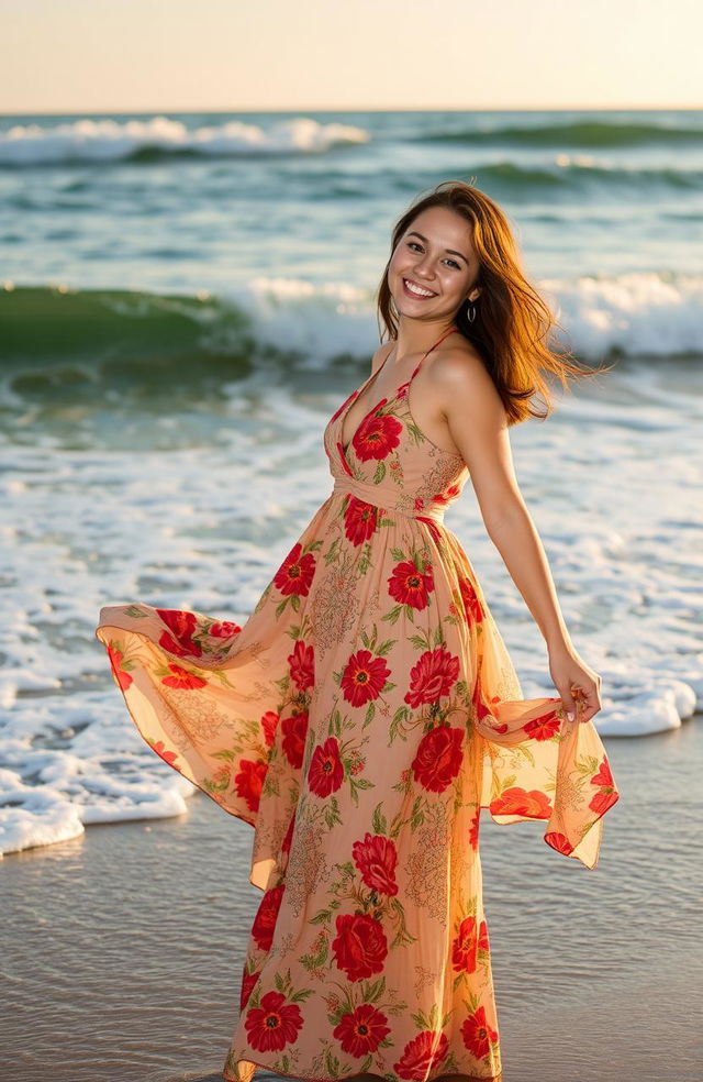 A young woman standing at the edge of the beach, her long flowing dress billowing in the wind