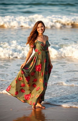 A young woman standing at the edge of the beach, her long flowing dress billowing in the wind