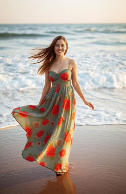 A young woman standing at the edge of the beach, her long flowing dress billowing in the wind