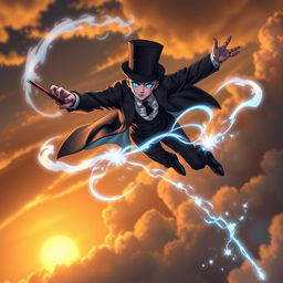 A psionic character with a classic elegance stage magician appearance, featuring a tailored suit with a long black coat, a top hat, and a wand
