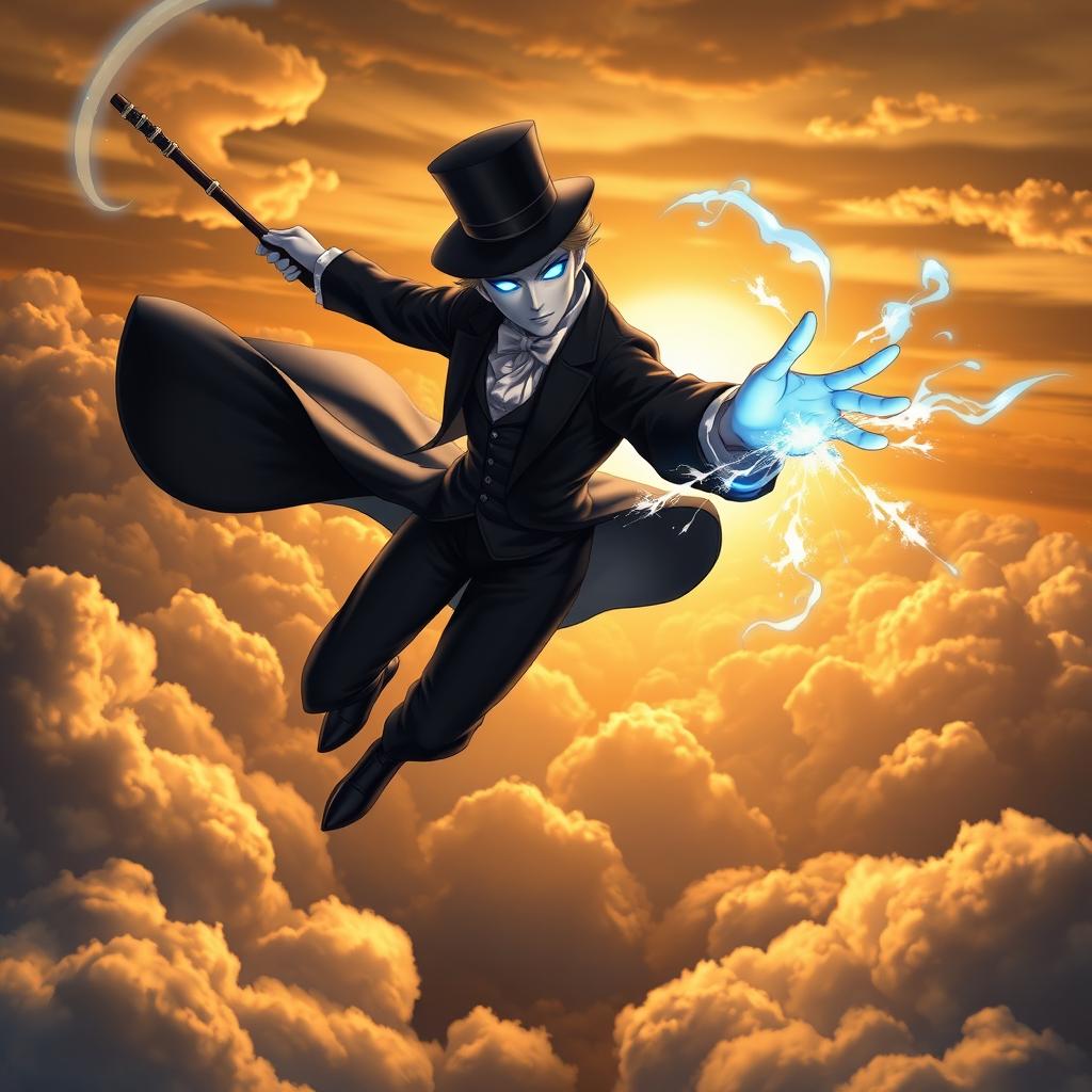 A psionic character with a classic elegance stage magician appearance, featuring a tailored suit with a long black coat, a top hat, and a wand