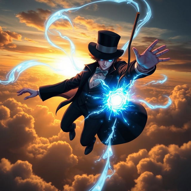 A psionic character with a classic elegance stage magician appearance, featuring a tailored suit with a long black coat, a top hat, and a wand