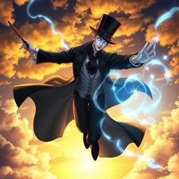 A psionic character with a classic elegance stage magician appearance, featuring a tailored suit with a long black coat, a top hat, and a wand
