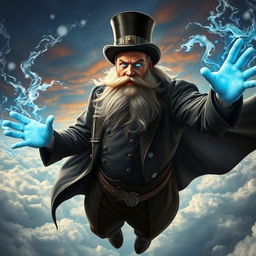 A powerful psionic mage, adorned with a majestic beard and dressed in a classic stage magician's outfit, complete with a top hat and cape