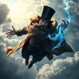 A powerful psionic mage, adorned with a majestic beard and dressed in a classic stage magician's outfit, complete with a top hat and cape