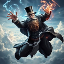 A powerful psionic mage, adorned with a majestic beard and dressed in a classic stage magician's outfit, complete with a top hat and cape