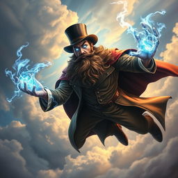 A powerful psionic mage, adorned with a majestic beard and dressed in a classic stage magician's outfit, complete with a top hat and cape