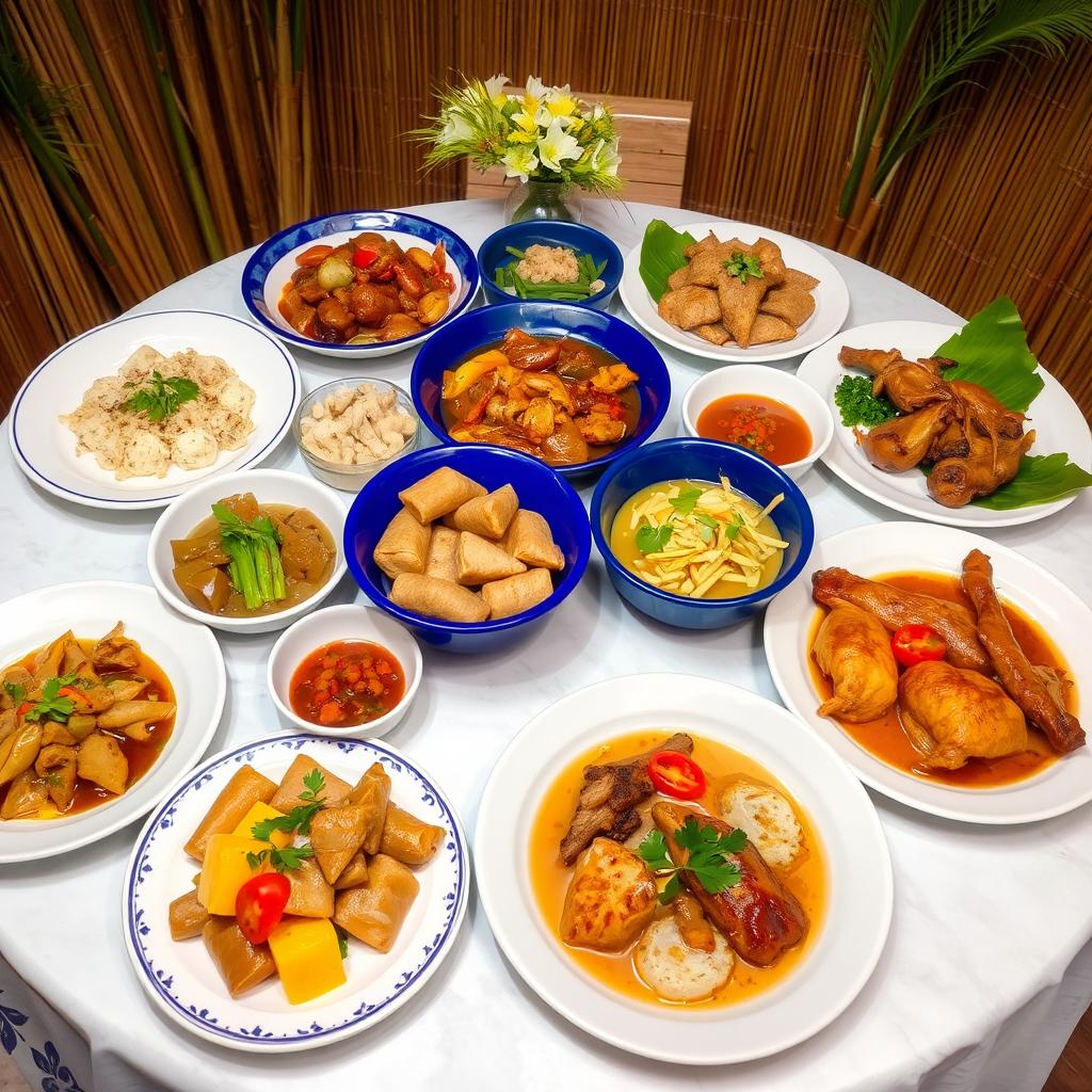 A beautifully arranged table showcasing a variety of traditional Filipino dishes