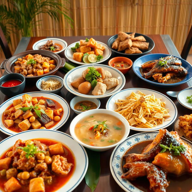 A beautifully arranged table showcasing a variety of traditional Filipino dishes