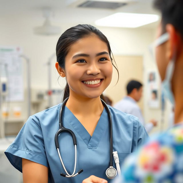 A compassionate Filipino nurse in a hospital setting, wearing scrubs and a stethoscope around her neck