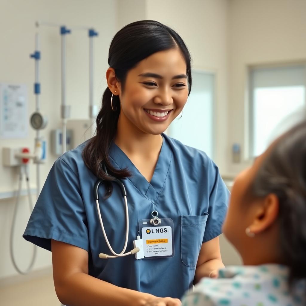 A compassionate Filipino nurse in a hospital setting, wearing scrubs and a stethoscope around her neck