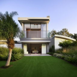 Design a modern and spacious home with bright light-filled interiors, stylish furniture and lush green landscape around