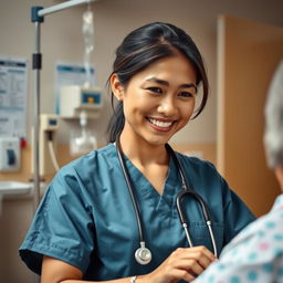 A compassionate Filipino nurse in a hospital setting, wearing scrubs and a stethoscope around her neck