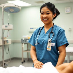 A compassionate Filipino nurse in a hospital setting, wearing scrubs and a stethoscope around her neck