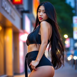 A sexy tall Japanese woman with big breasts, standing confidently