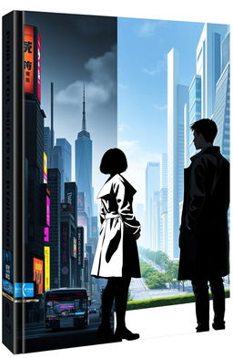 A digital book cover split in half; the left side is a black cyberpunk city with glowing neon lights, towering skyscrapers, and digital advertisements